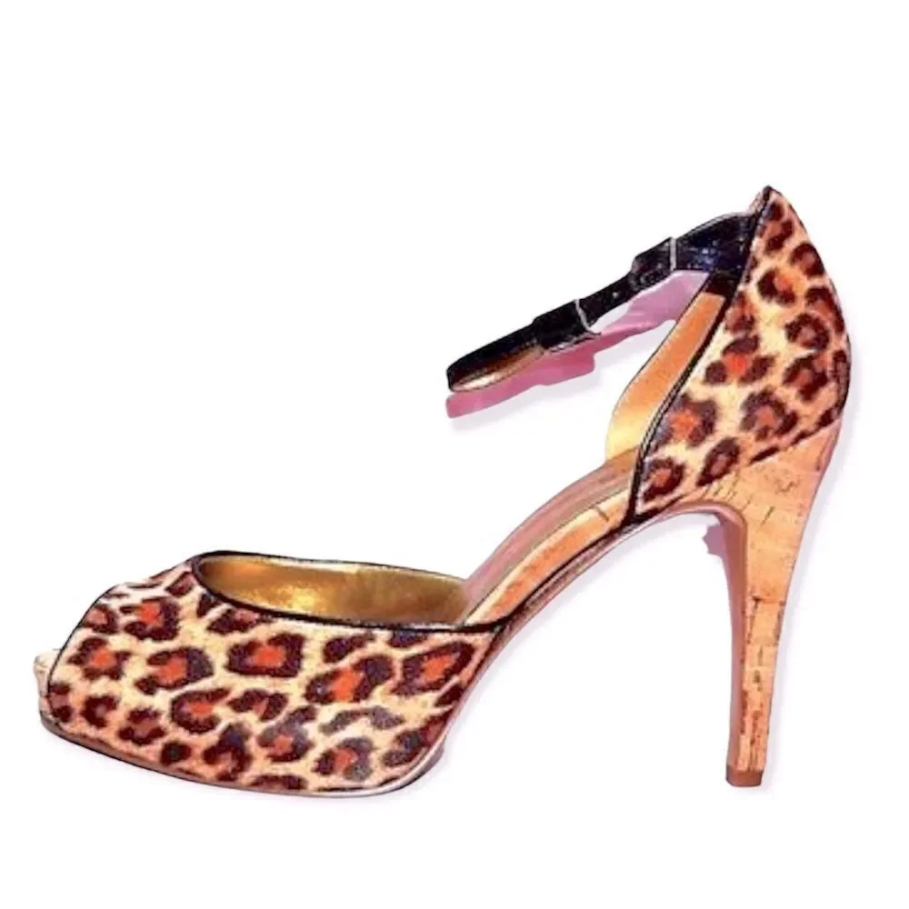 GUESS Hayle 2 Multicolor Leopard Print Fabric Peep Toe Cork Sandal High Heels 8